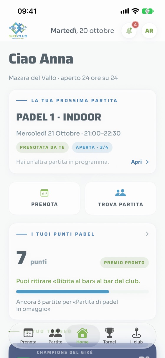 App GIKÈ CLUB: la pagina iniziale con la prossima partita e i punti